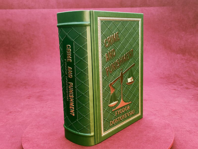 Green leather book-form presentation box titled Crime and Punishment