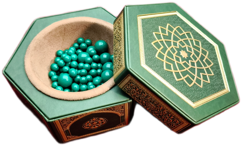Hexagonal box opened, showing the carved bowl of hatim beads